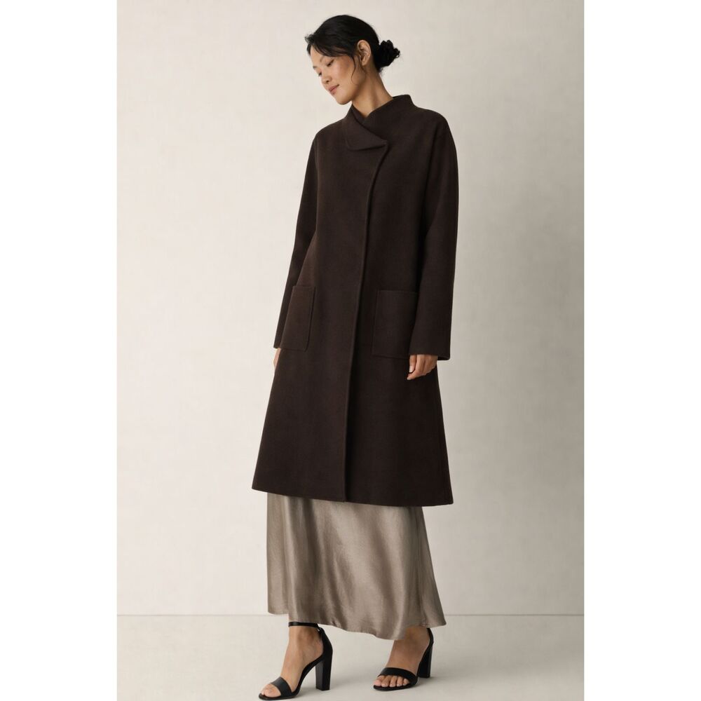 Eileen Fisher Doubleface Wool Cashmere Shawl Collar Coat Chocolate Brown Medium
